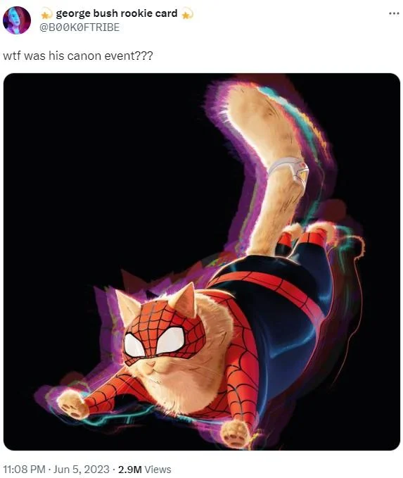 Canon Events Spider Verse — Spider-Man 2099 crouching with 'Fumbling that baddie was a canon event bro' caption