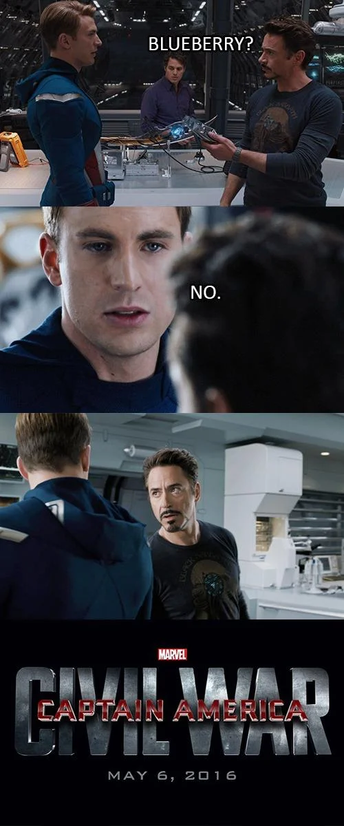 Captain America Civil War 4 Pane Captain America Vs Iron Man — Civil War meme with Iron Man offering a blueberry and Cap refusing
