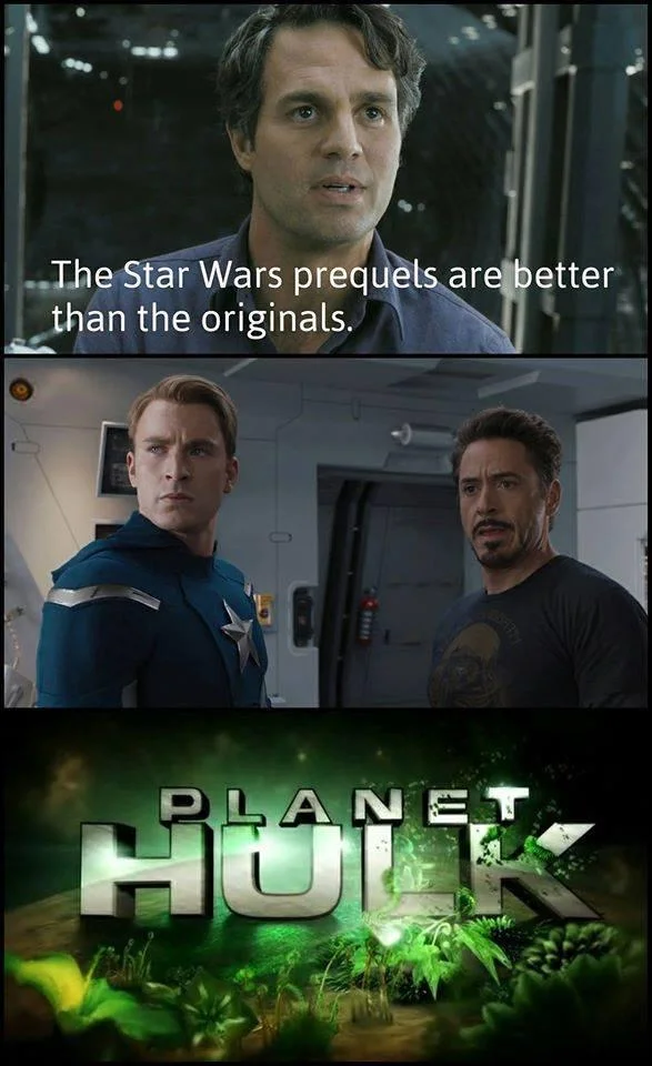 Captain America Civil War 4 Pane Captain America Vs Iron Man — Civil War meme variant with Bruce Banner defending Star Wars prequels and Planet Hulk logo