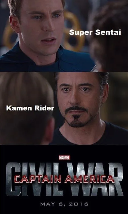 Captain America Civil War 4 Pane Captain America Vs Iron Man — Civil War meme with Cap saying Super Sentai and Iron Man saying Kamen Rider