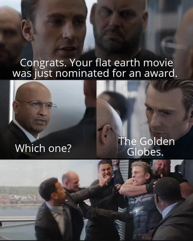 Captain America Elevator Fight — A four-panel elevator meme with Captain America delivering a flat earth pun about the Golden Globes.