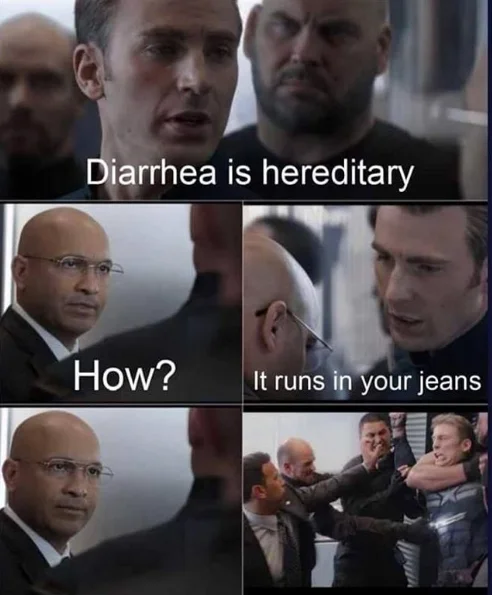 Captain America Elevator Fight — A four-panel elevator meme where Captain America delivers a diarrhea heredity pun before the fight.
