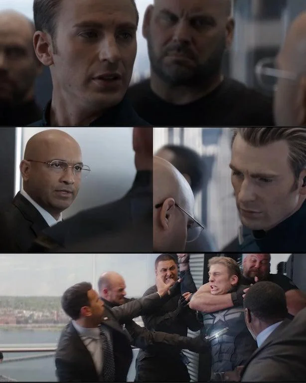 The clean, text-free template version of the Captain America elevator fight meme showing Rogers and the brawl scenes.