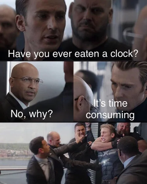 Captain America Elevator Fight — A four-panel elevator meme where Captain America delivers a clock pun before the fight erupts.