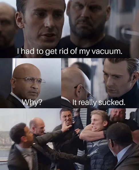 Captain America Elevator Fight — A four-panel elevator meme featuring Captain America's vacuum pun that really sucked.