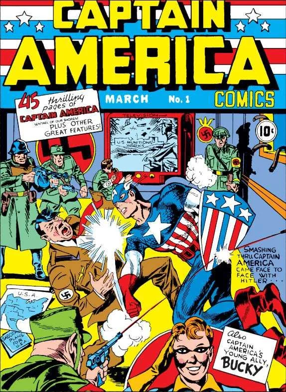 Cover of Captain America Comics No. 1 (March 1941) showing Cap punching Hitler