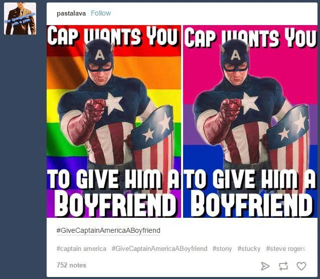 Captain America — Tumblr post of Cap 'I Want You' posters with pride flags and 'Give Him A Boyfriend' text