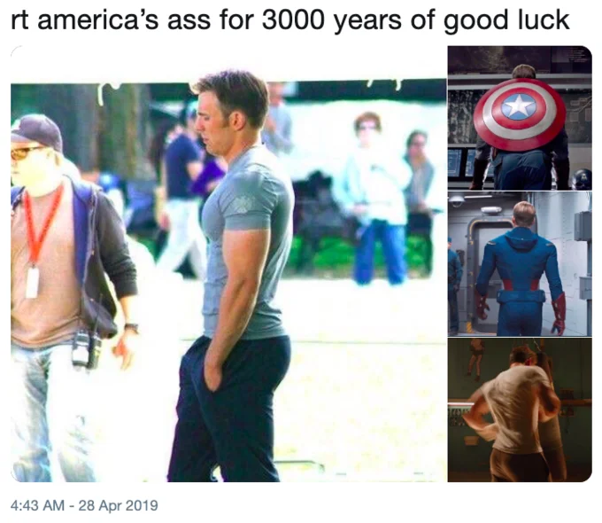 Captain Americas Ass — Tweet collage of Chris Evans as Captain America shown from behind with caption about retweeting America's ass