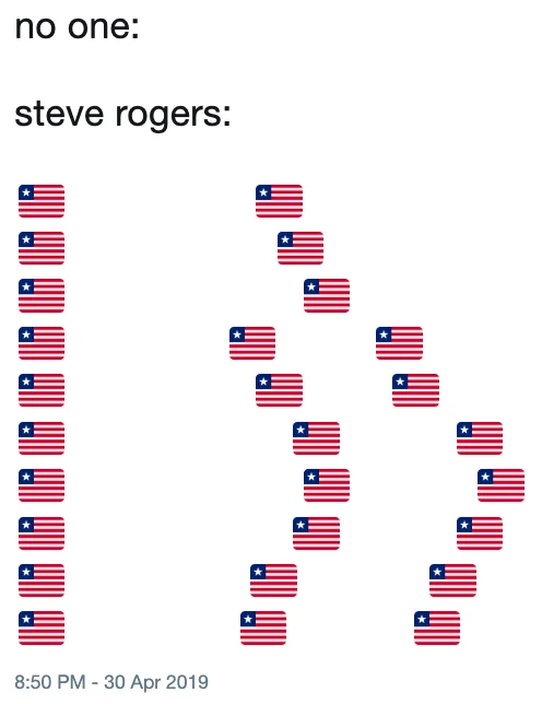 Captain Americas Ass — Tweet using US flag emojis arranged in a butt shape under 'no one: steve rogers:' format