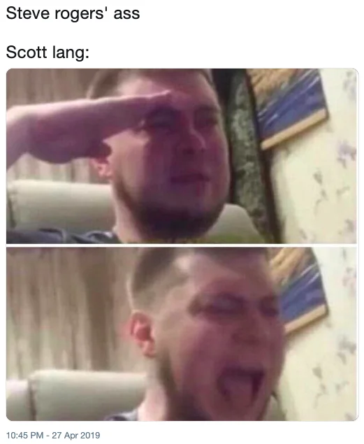 Captain Americas Ass — Tweet using the crying salute reaction meme to depict Scott Lang's reaction to Steve Rogers' ass