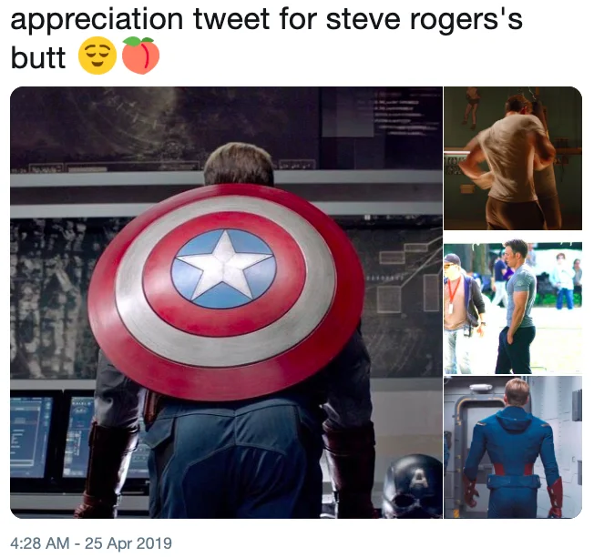 Captain Americas Ass — Tweet collage titled appreciation tweet for steve rogers's butt with peach emoji and Captain America backside images