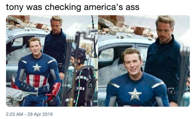 Captain Americas Ass — Tweet claiming Tony was checking America's ass with two behind-the-scenes photos of Tony Stark and Captain America