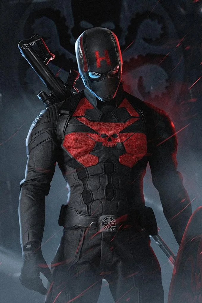 Captain Hydra Captain America Hail Hydra Edits — Digital fan art of a villainous Captain America character with dark black and red armor emphasizing betrayal.