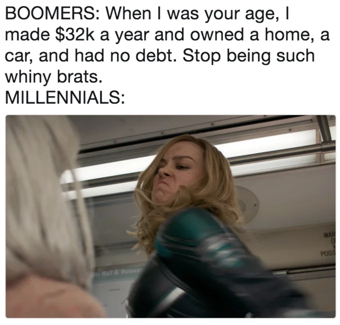 Meme with boomer complaint text above Captain Marvel punching an old woman