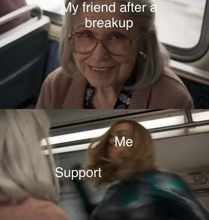 Captain Marvel Punch — Two-panel meme captioning the old woman as a heartbroken friend and Captain Marvel as the supportive puncher