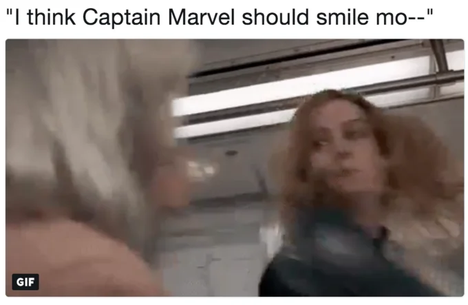 Captain Marvel Punch — Meme with cut-off caption about Captain Marvel smiling as she throws a punch