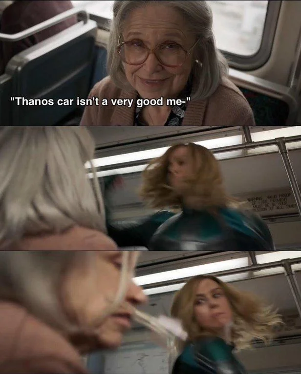 Three-panel Captain Marvel punch meme with a 'Thanos car' joke and a plastic bag added