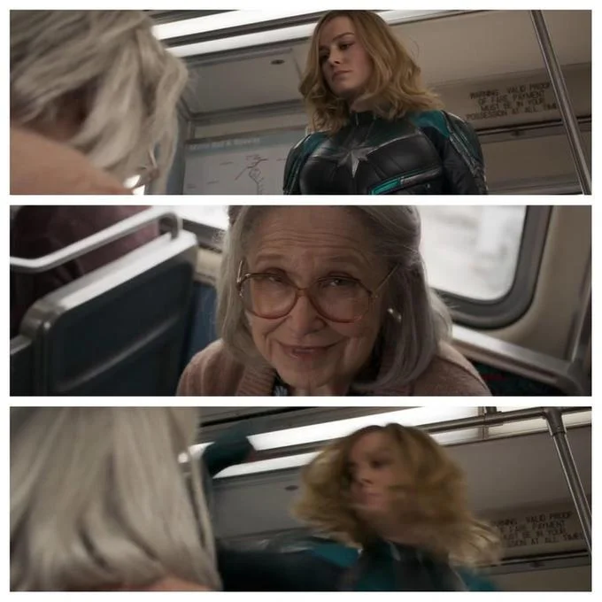 Captain Marvel Punch — Three-panel movie still sequence of Captain Marvel confronting and punching an old woman on a bus