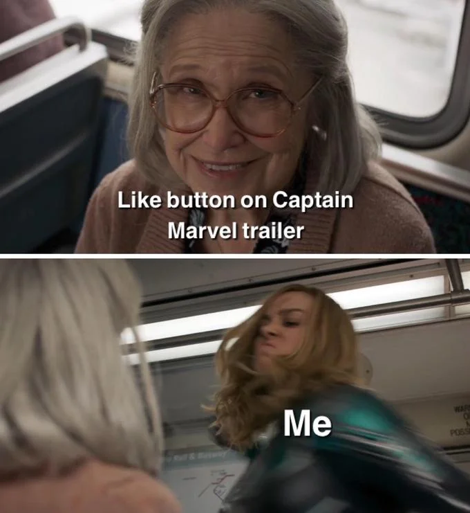 Captain Marvel Punch — Meme captioning the old lady as the Captain Marvel trailer like button being punched by the user