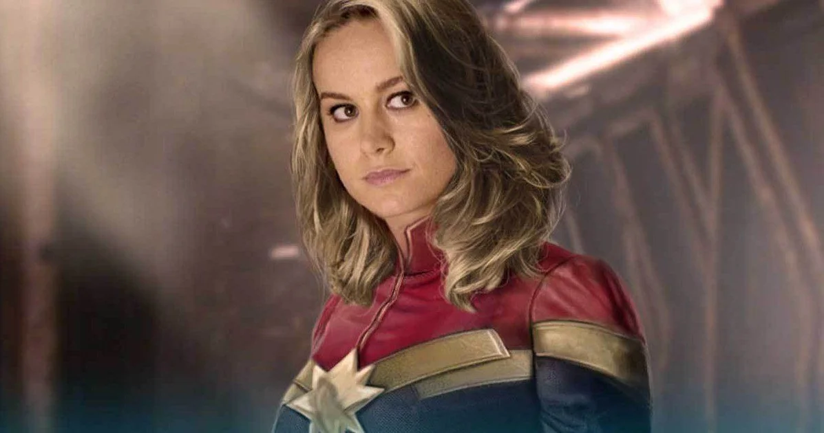 Brie Larson as Captain Marvel in her red, blue, and gold superhero costume