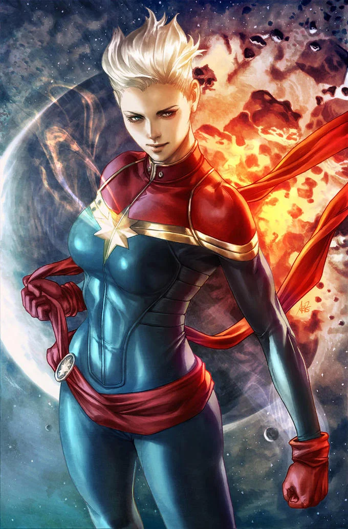 Digital comic art of Captain Marvel Carol Danvers against an exploding planet backdrop