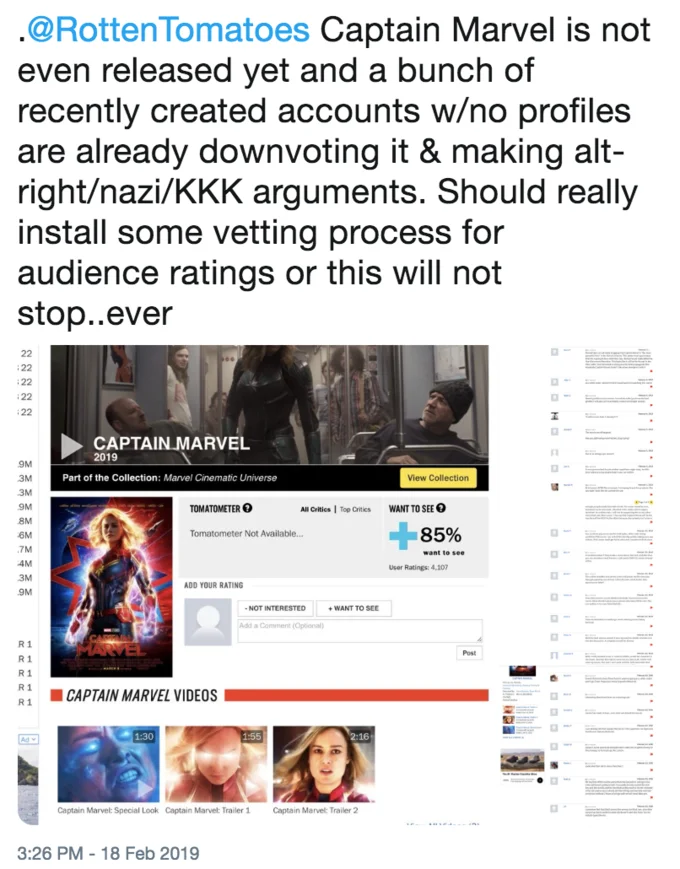 Twitter screenshot of Rotten Tomatoes statement about Captain Marvel review bombing