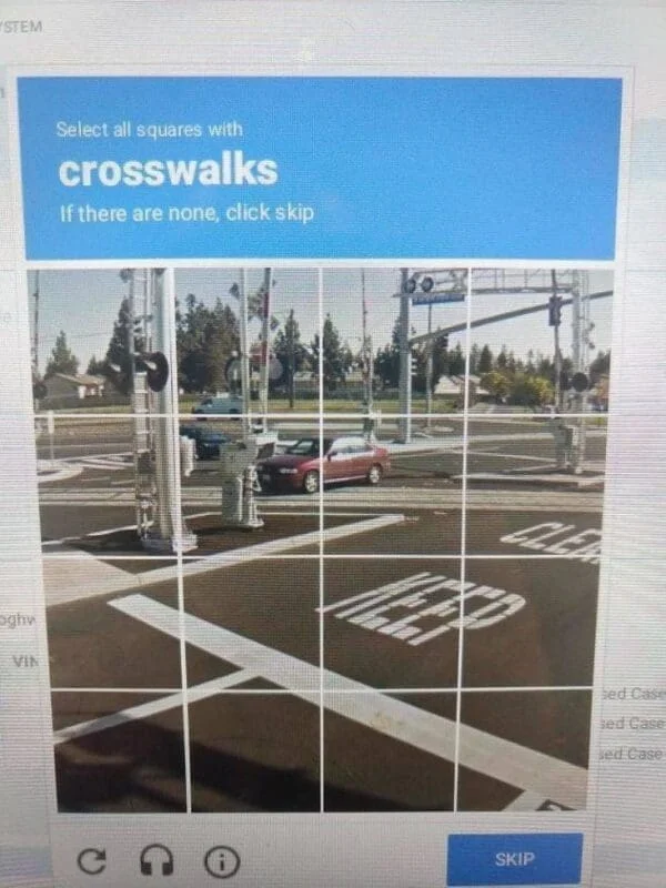 Captcha Difficulty — A Google reCAPTCHA challenge asking users to identify parking lot crosswalks in a confusing grid layout.