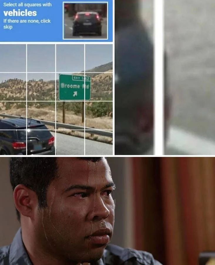 Captcha Difficulty — A multi-panel meme pairing a vague 'select all vehicles' CAPTCHA puzzle with a close-up of a frustrated person's expression.