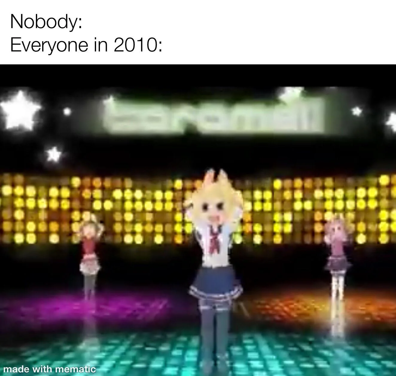 Caramelldansen — Animation screenshot with disco ball and Nobody Everyone framing.