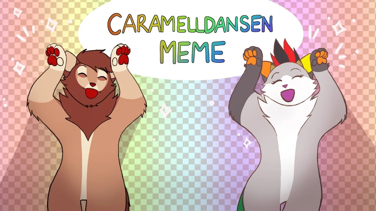 Caramelldansen — Two furry characters in celebratory dancing with heart elements.