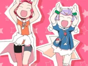 Caramelldansen — Two anime characters in poses with hearts on pink background.