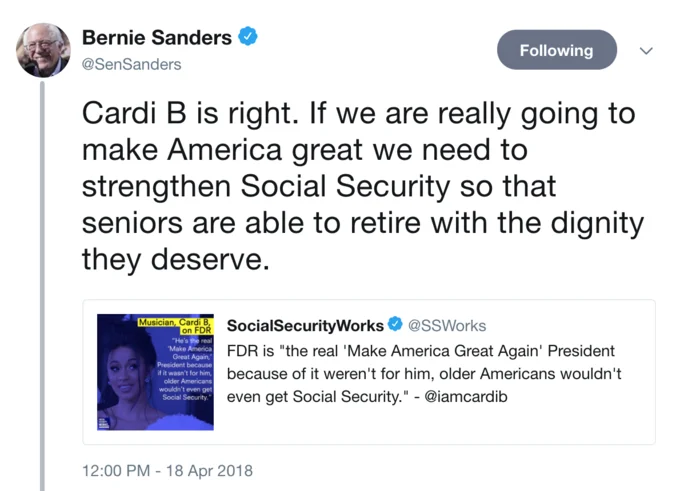 Bernie Sanders tweet agreeing with Cardi B about strengthening Social Security