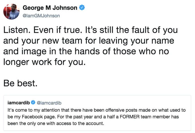 George M Johnson tweet criticizing Cardi B's team over account access