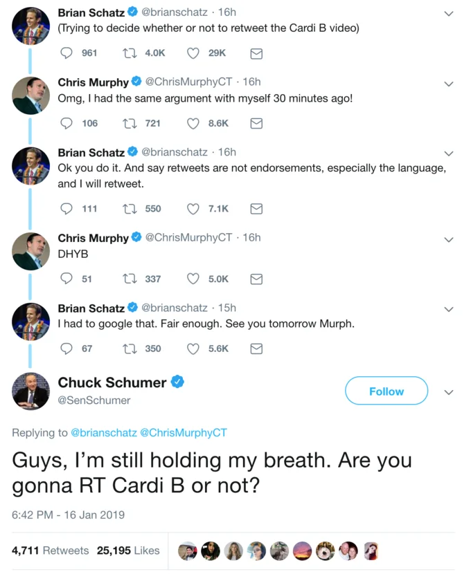 Twitter thread of US senators debating whether to retweet a Cardi B video