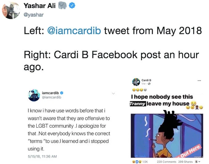 Yashar Ali tweet showing side-by-side comparison of Cardi B's apology and later Facebook post