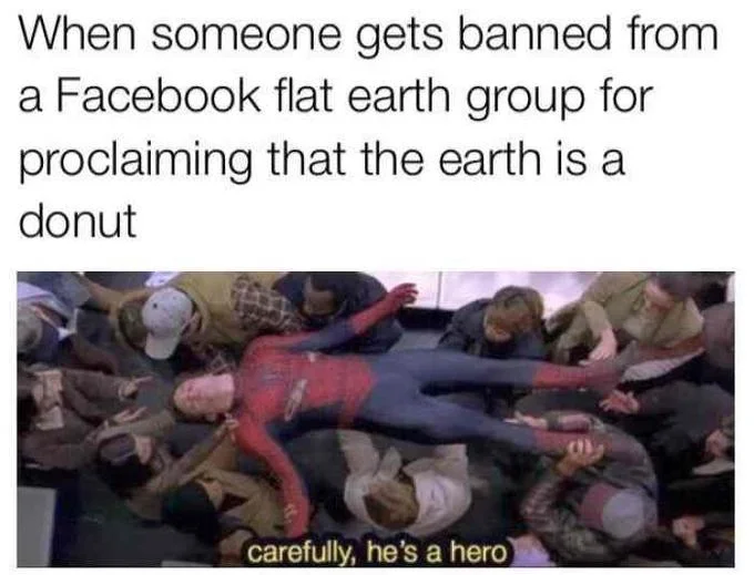 Carefully Hes A Hero — Flat earth group ban meme with Spider-Man hero caption