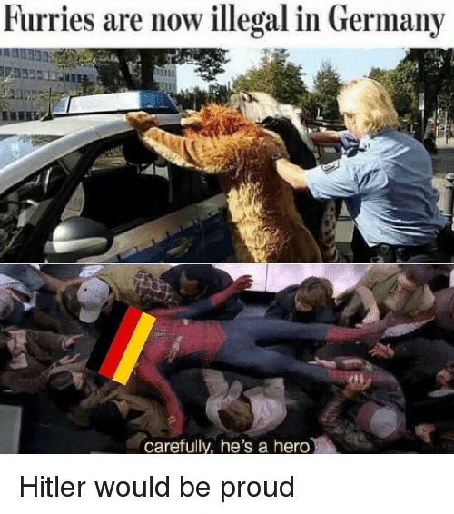 Carefully Hes A Hero — Multi-panel meme with furry-related content and Spider-Man hero format