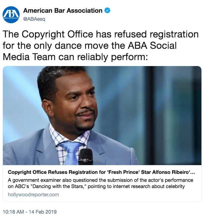 Carlton Banks Dance — Tweet from the American Bar Association about the Copyright Office refusing to register the Carlton Dance