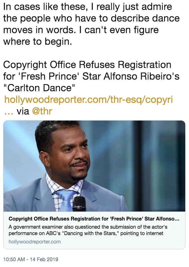 Carlton Banks Dance — Tweet screenshot reacting to news that the Copyright Office refused to register the Carlton Dance