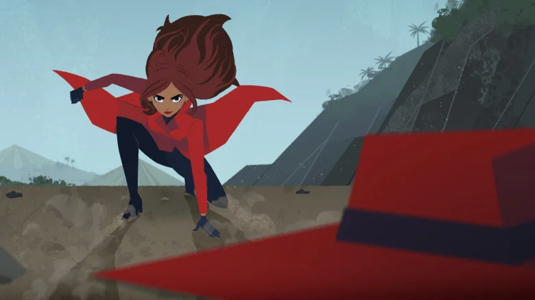Animated Carmen Sandiego in red coat crouched near her red fedora at an ancient ruin site