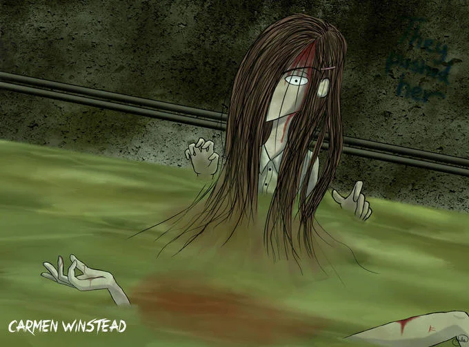 Carmen Winstead They Pushed Her — Illustrated horror depiction of Carmen Winstead emerging from sewer water with text identifying her name