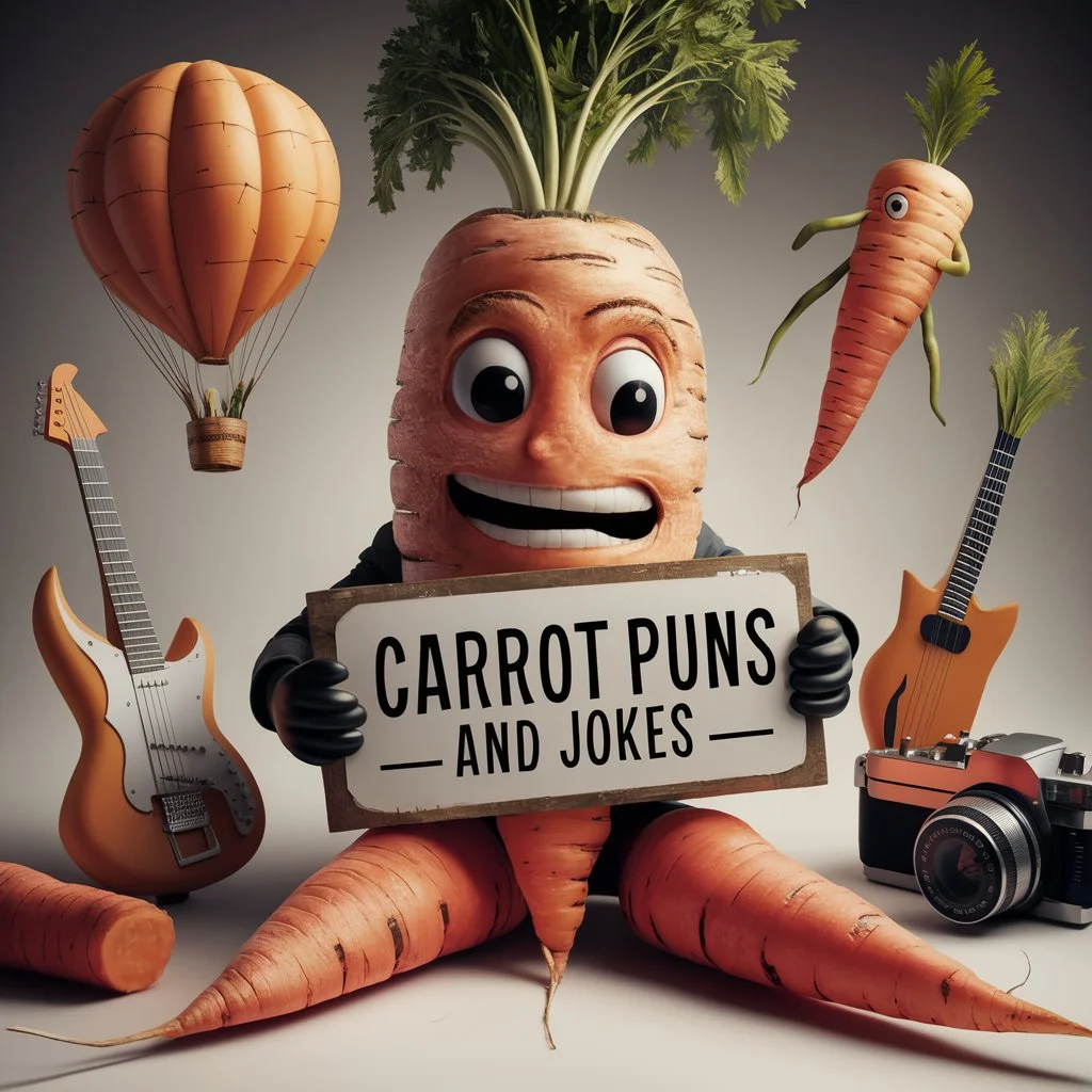 A cheerful 3D-rendered carrot character with wide grin holds a sign reading Carrot Puns and Jokes surrounded by orange objects.