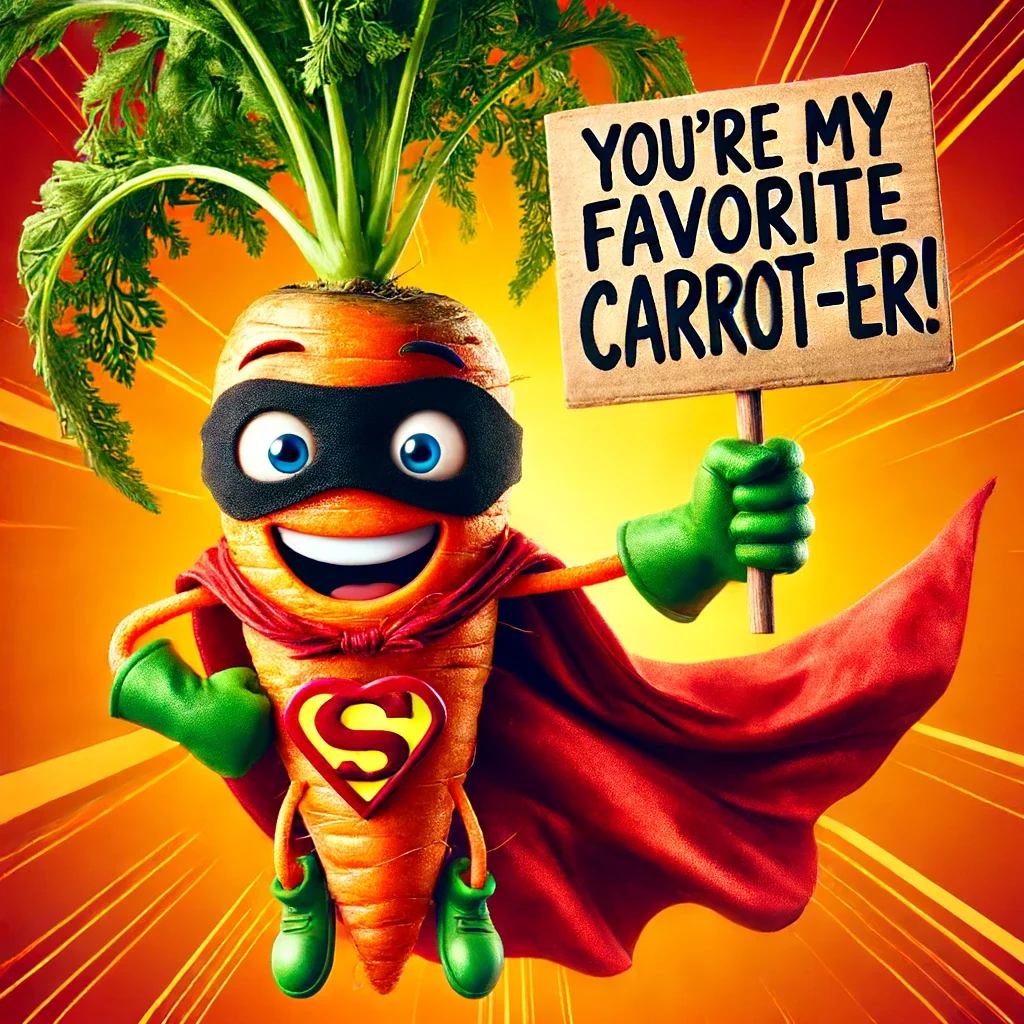 An anthropomorphic carrot dressed as a superhero with red cape holds a speech bubble with a carrot-based pun.
