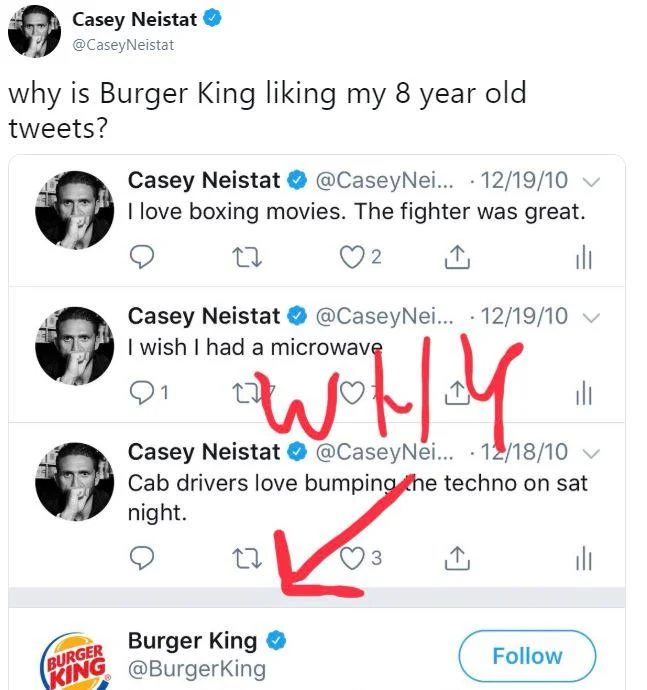 Casey Neistat tweet asking why Burger King is liking his old 2010 tweets