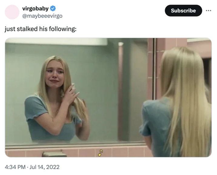 Cassie Crying In Bathroom Mirror My Girlfriend Listening To Me In The Shower — Twitter screenshot with the caption 'just stalked his following' above an image