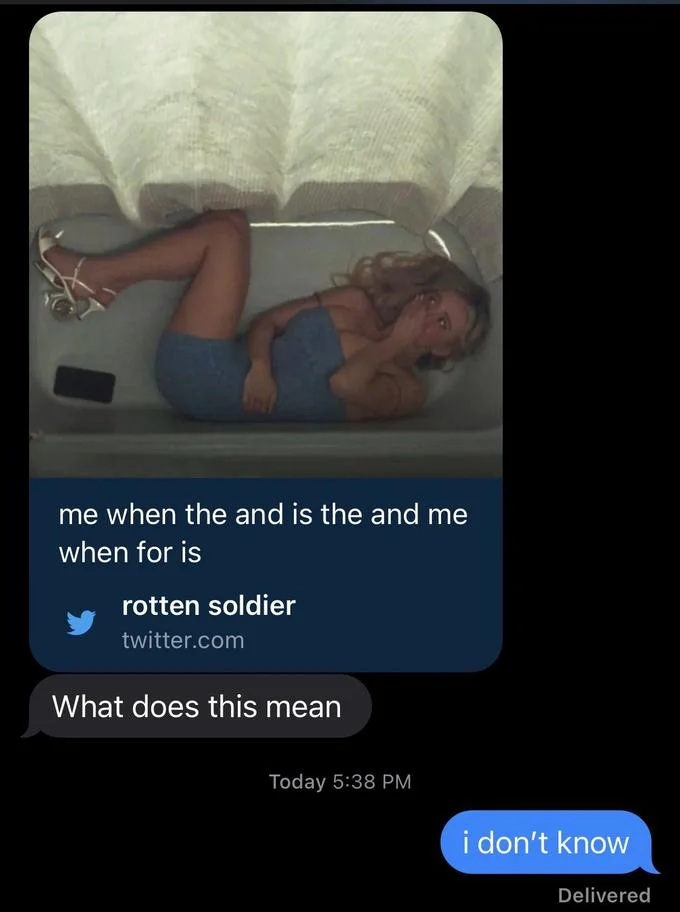 Cassie Hiding In Bathtub — iMessage screenshot of Twitter post with Cassie bathtub meme and confused reply