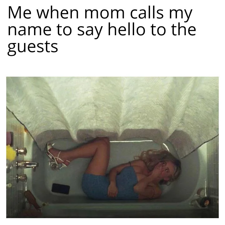Cassie Hiding In Bathtub — Meme captioned 'Me when mom calls my name to say hello to the guests' over Cassie in a bathtub