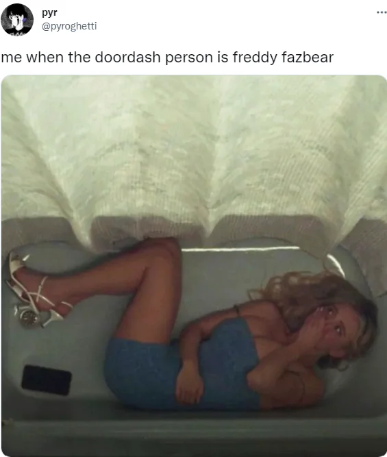Cassie Hiding In Bathtub — Tweet by pyroghetti with Cassie bathtub meme captioned about DoorDash and Freddy Fazbear