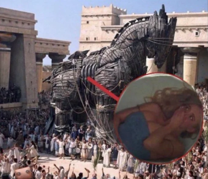 Cassie Hiding In Bathtub — Trojan horse scene with inset circle showing Cassie hiding in a bathtub