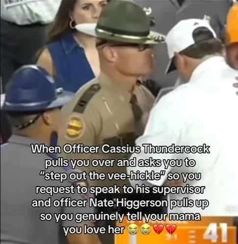 Cassius Thundercock State Trooper — Meme text overlay naming Officer Cassius Thundercock and Nate Higgerson at a stadium
